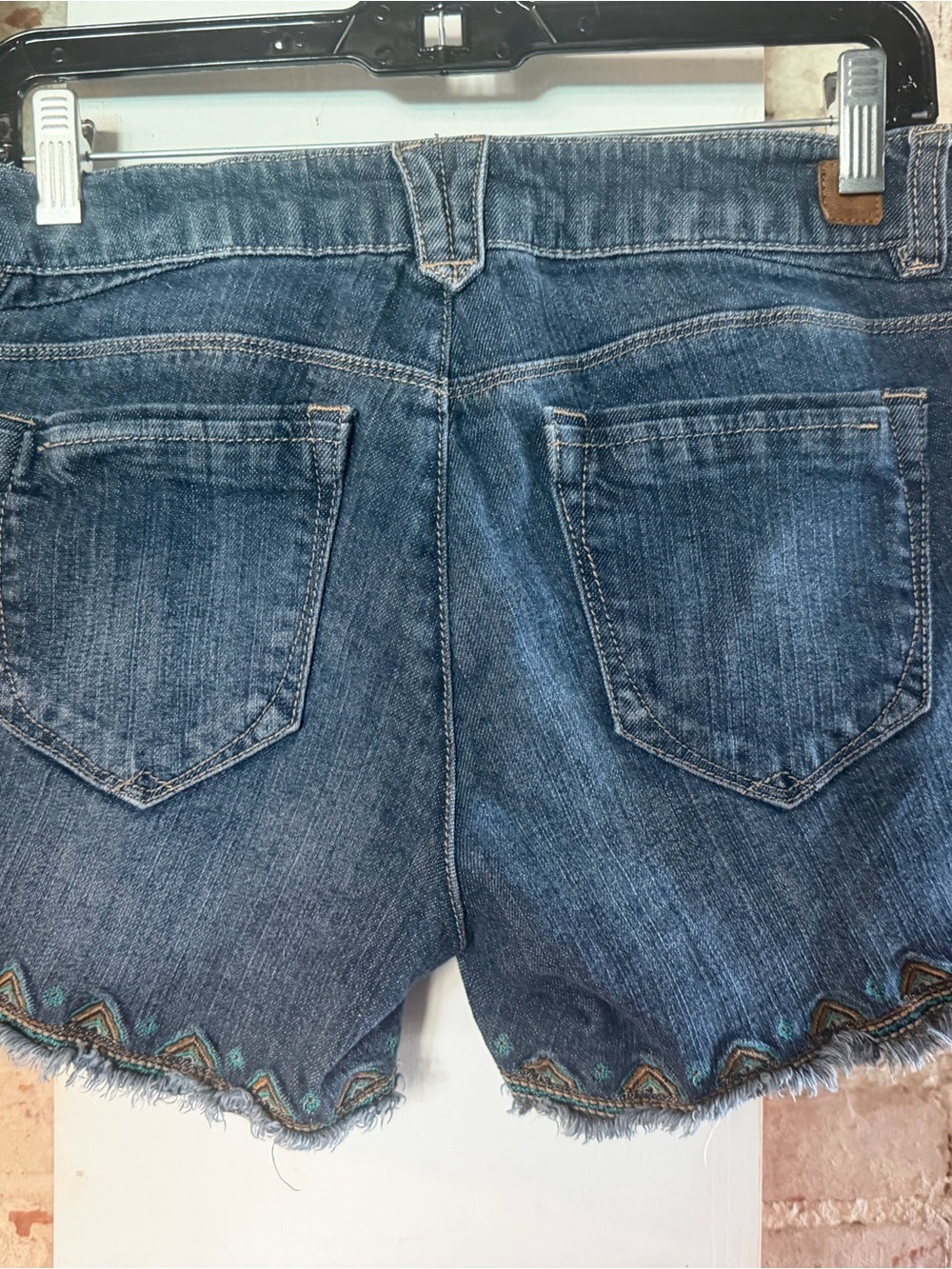 Democracy Blue Denim Embroidered Fringe Jean Shorts - Picture 6 of 12